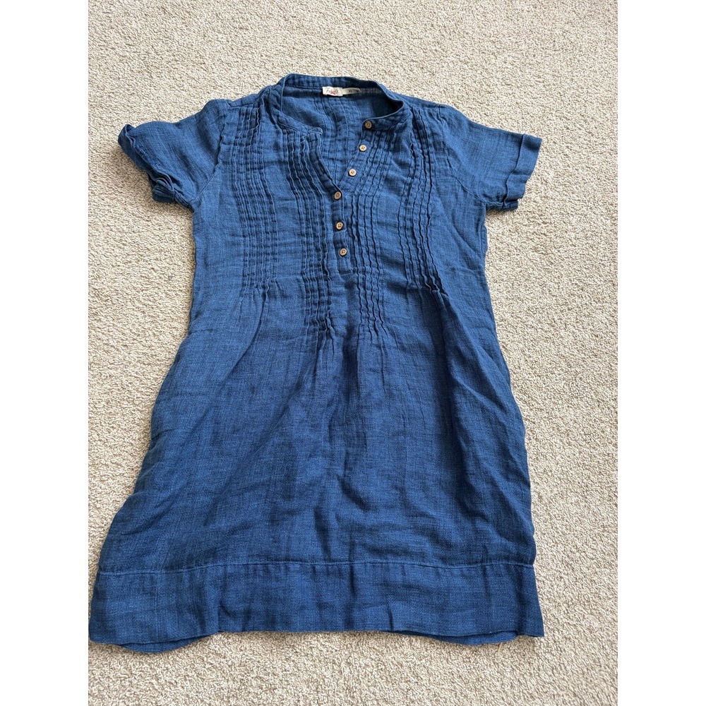 Faherty Gemina 100% Linen Mini Dress Indigo Dyed Pintuck Shirt Sleeves Size XS